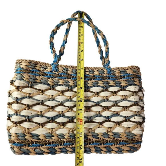 Vintage Woven Corn Husk Straw Tote Bag Purse Small Bohemian Beach Blue Braided - Picture 8 of 10